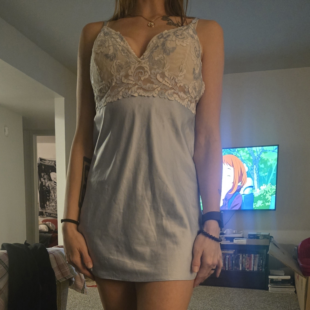 Lace Trim Chemise in Cream and Blue